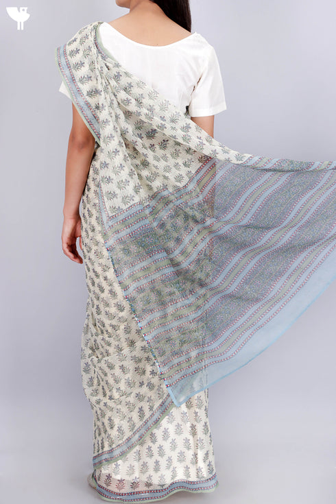 Kota Doria Saree In Floral Block Print